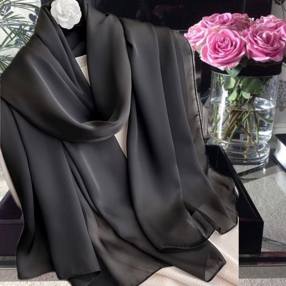 BLACK 100% SILK SATIN Large Shawl Scarf Wedding Bridesmaid CoverUp Evening Wrap - Picture 8 of 8